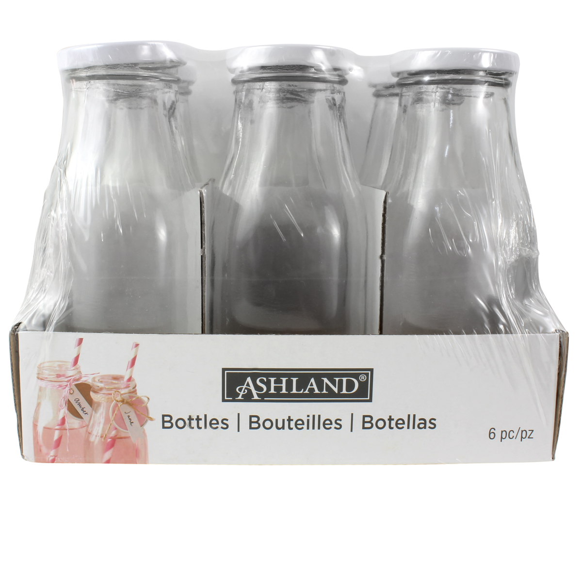 Ashland® Glass Milk Bottles With Lids 6 Pack 7413