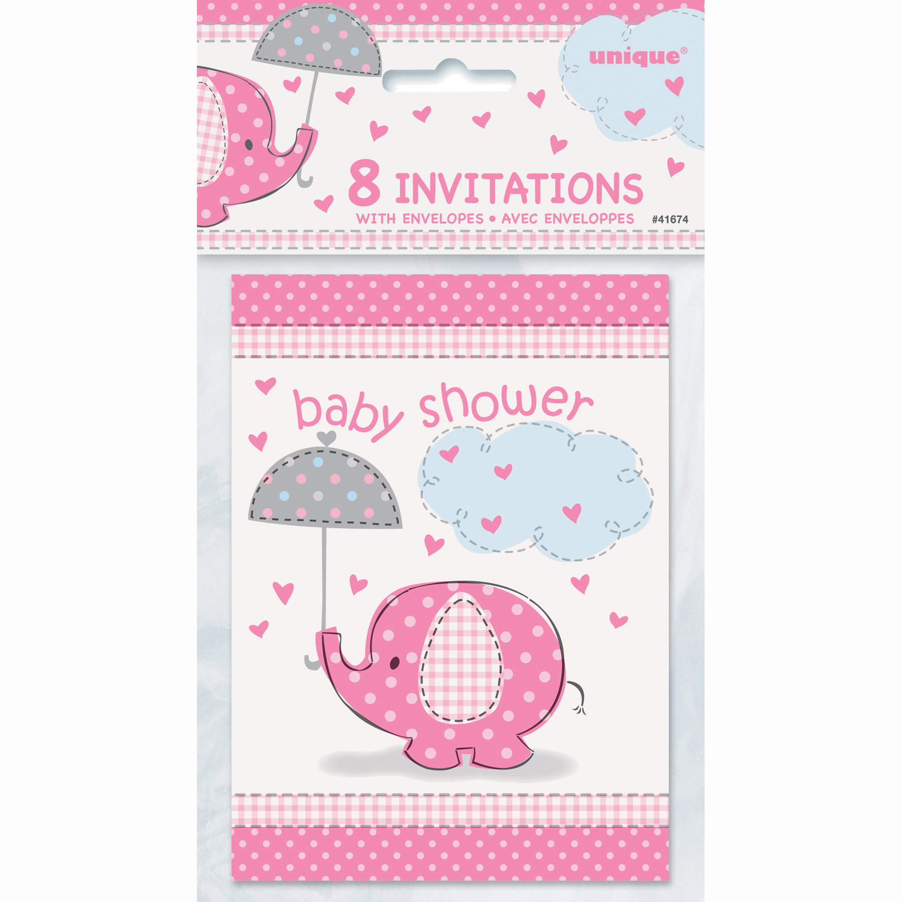 Pink Elephant Baby Shower Invitations 8ct