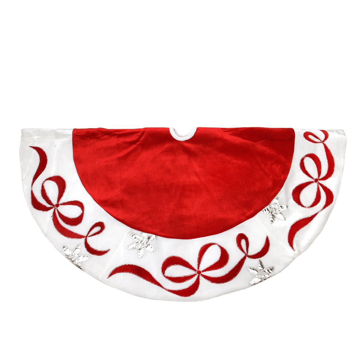48" Red & White Velveteen Christmas Tree Skirt with Bow & Snowflake Appliques