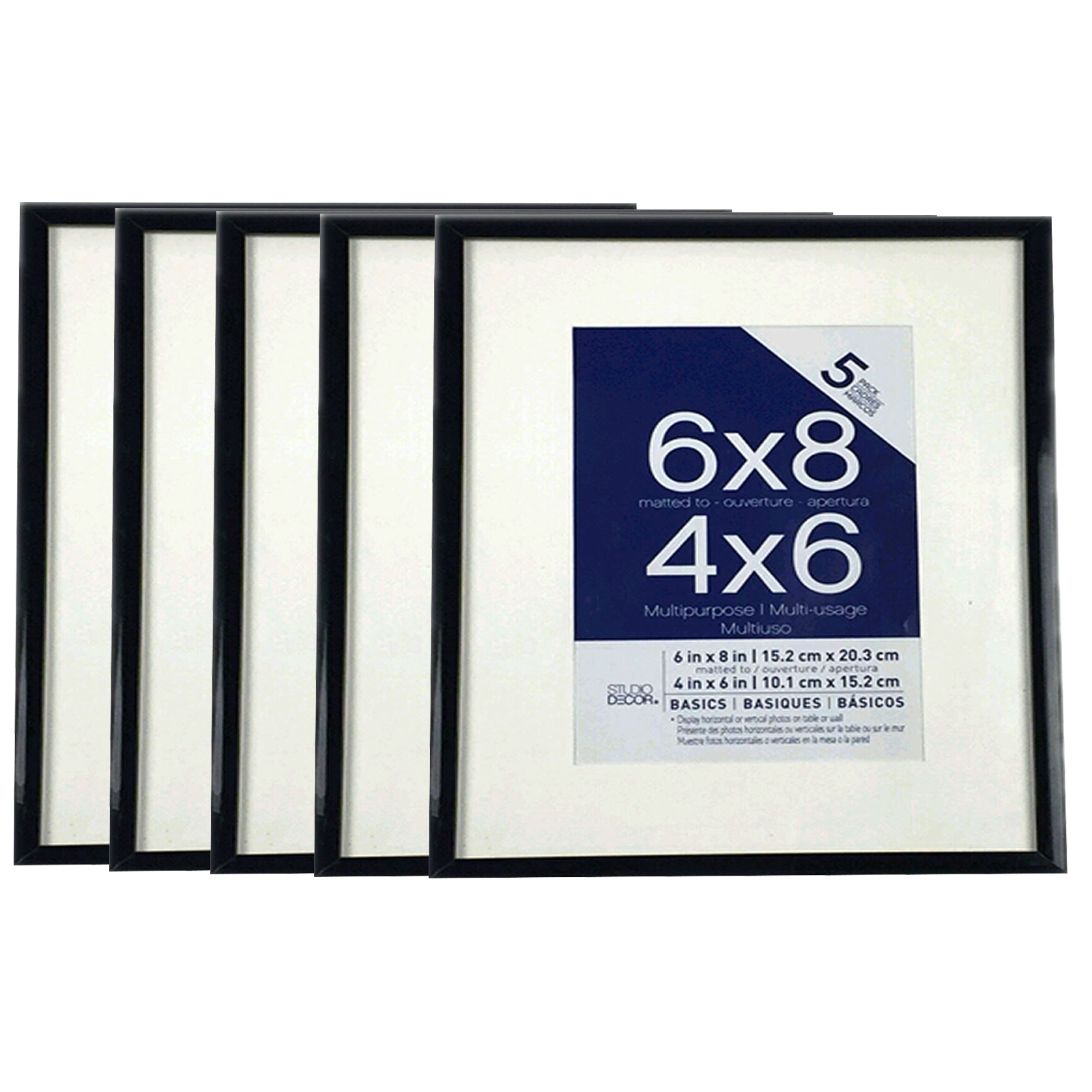 5Pack Black Multipurpose Frames, 6" x 8" with 4" x 6" Mat, Basics By Studio Décor®