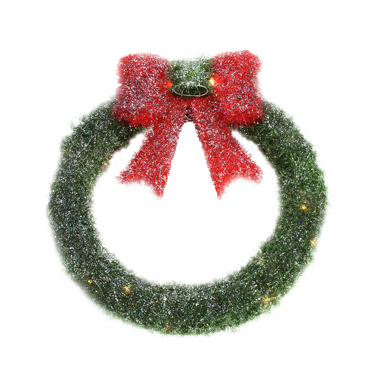 16" Lighted Tinsel Green Wreath with Bow Christmas Window Decoration
