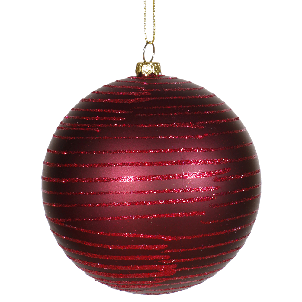 Burgundy Glitter Striped Shatterproof Christmas Ball Ornament 4