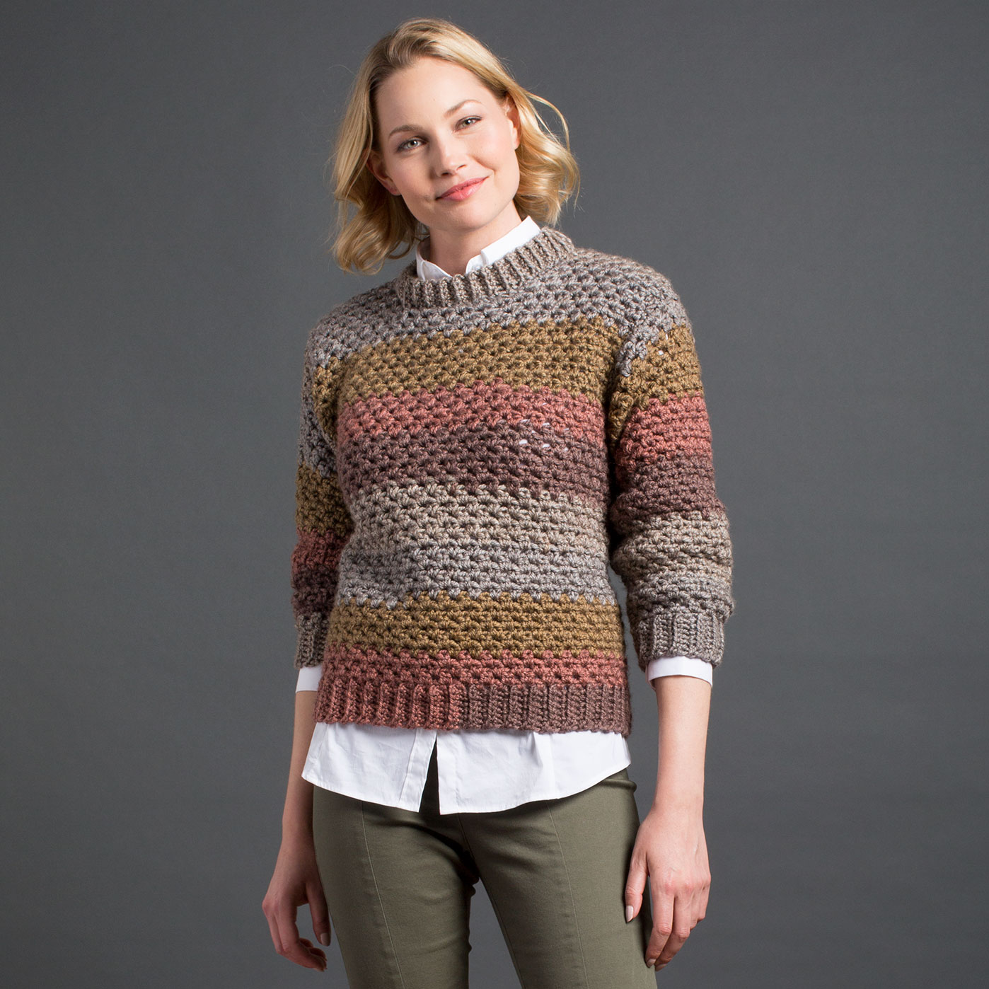 Caron® Tea Cakes™ Stepping Stripes Crochet Pullover in Ginger Spice